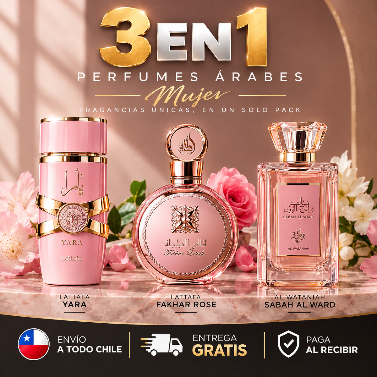 Zestaw 3x1 perfum arabskich damskich | Yara + Fakhar Rose + Sabah Al Ward 100 ml